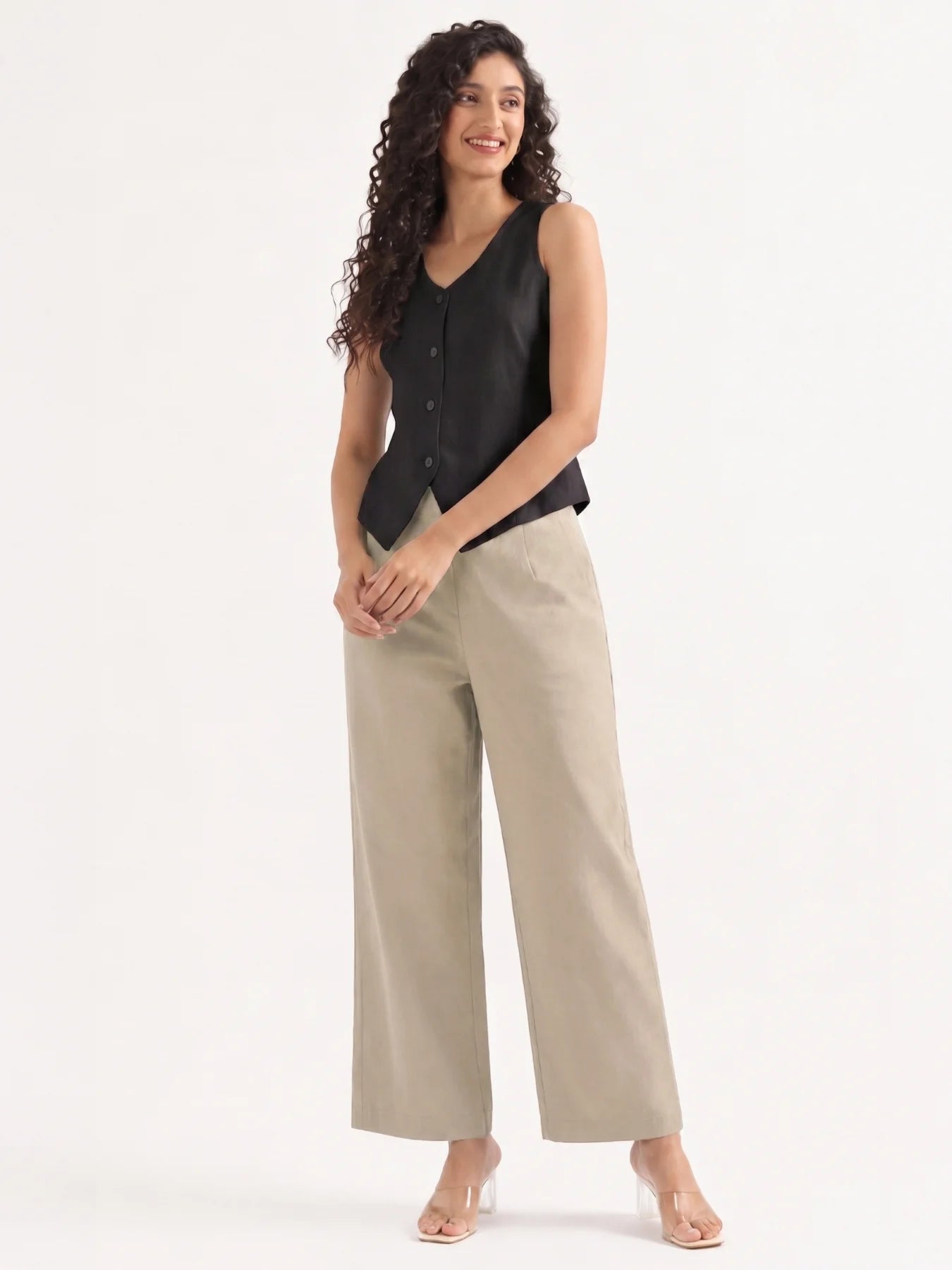 Women Beige Wide Leg Trouser