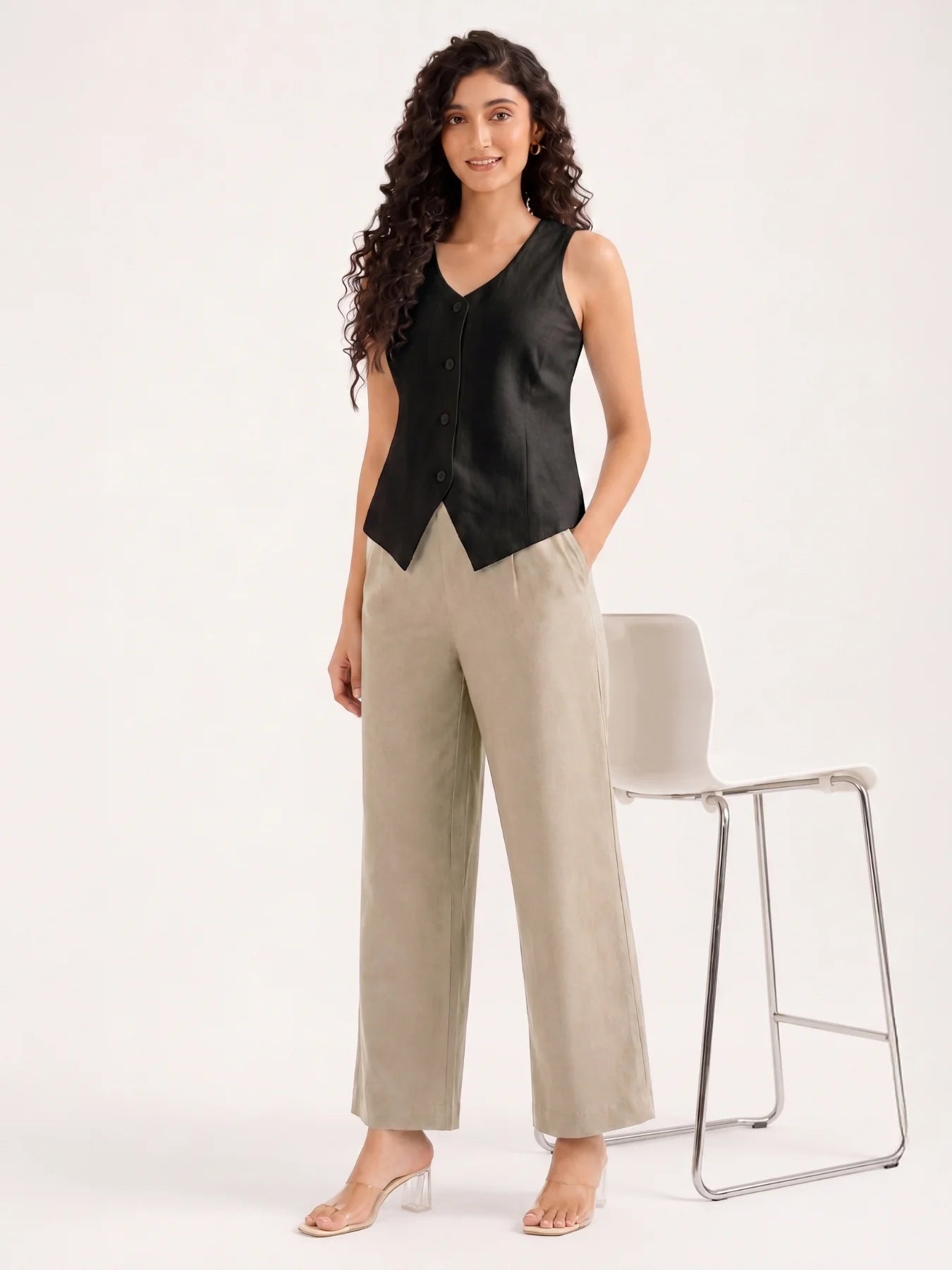 Women Beige Wide Leg Trouser