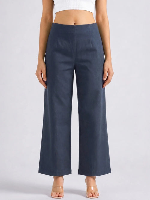 Women Navy Blue Wide Leg Trouser