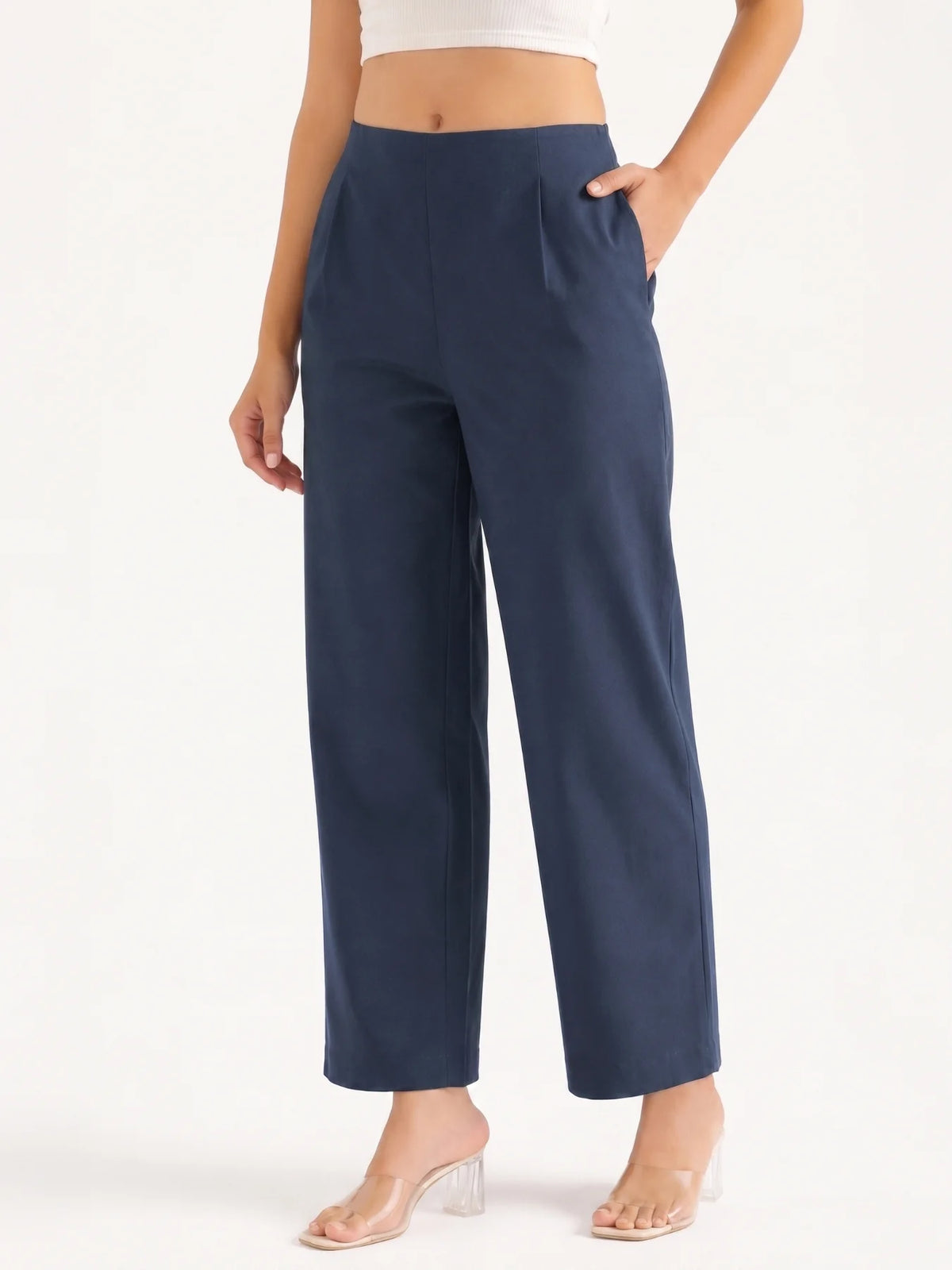 Women Navy Blue Wide Leg Trouser