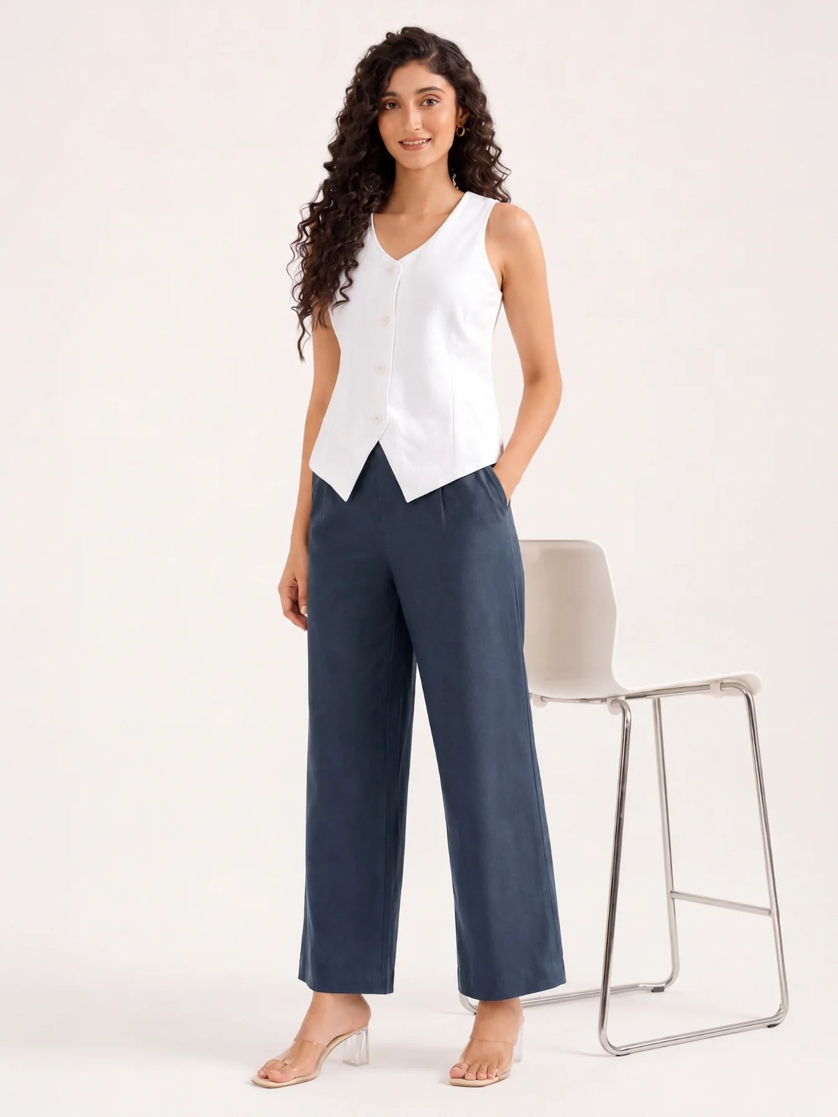 Women Navy Blue Wide Leg Trouser