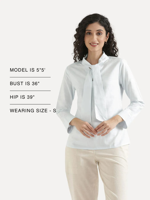 Women Powder Blue Linen Blend Knot Blouse