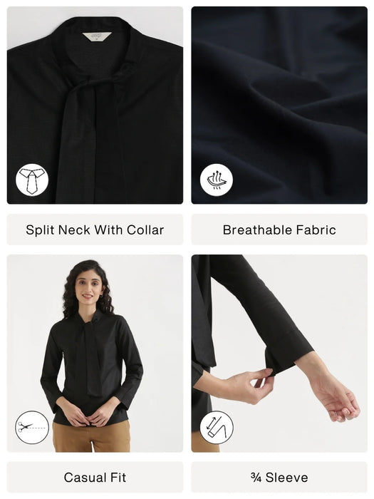 Women Black Linen Blend Knot Blouse