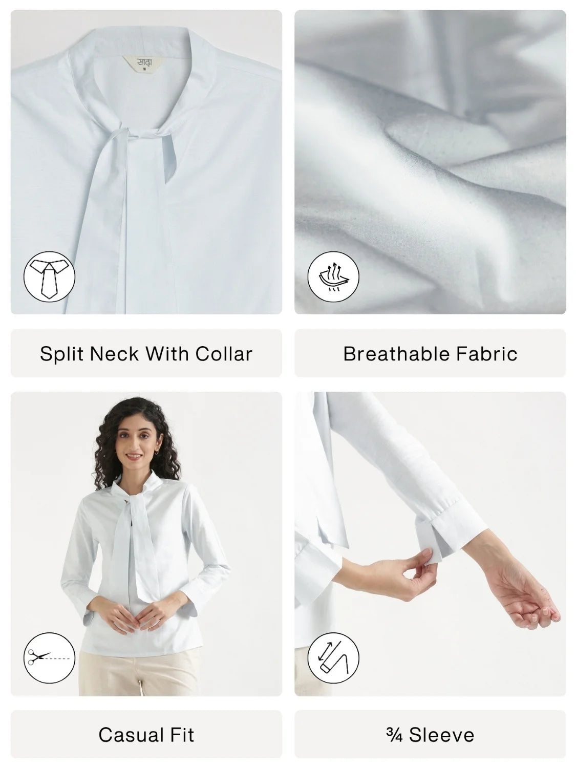 Women Powder Blue Linen Blend Knot Blouse