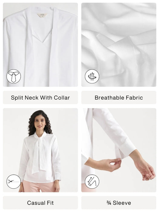 Women White Linen Blend Knot Blouse