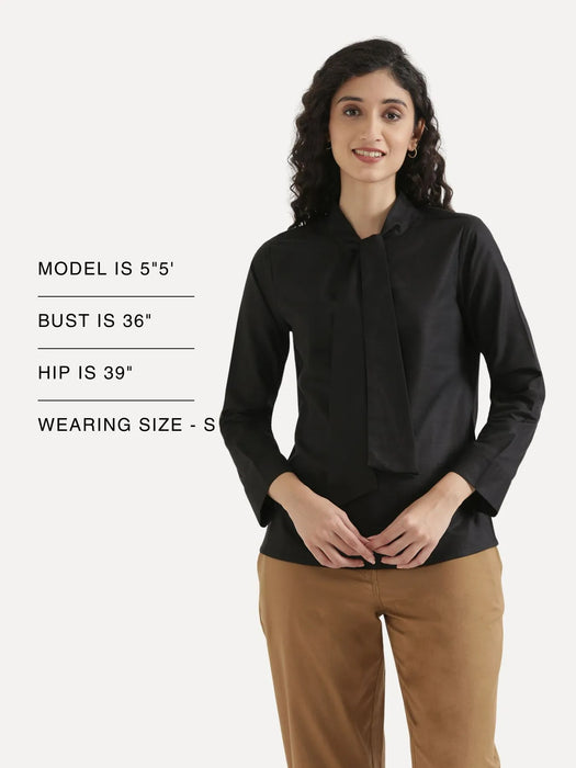 Women Black Linen Blend Knot Blouse