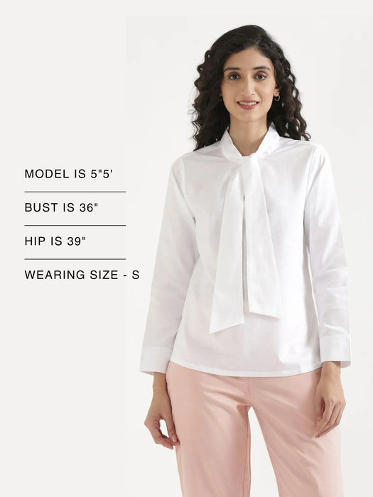 Women White Linen Blend Knot Blouse