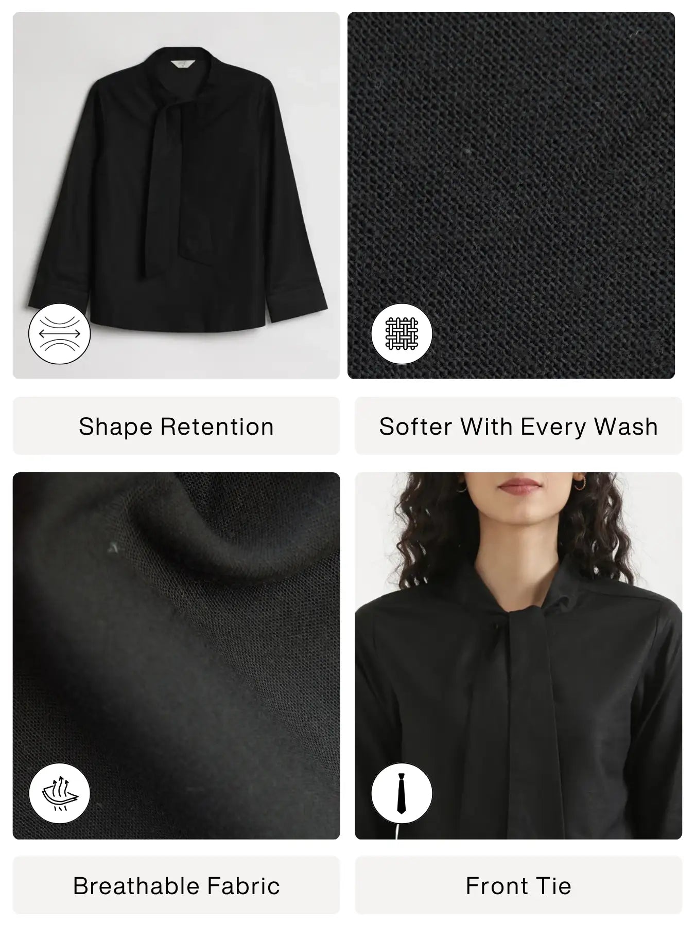 Women Black Linen Blend Knot Blouse