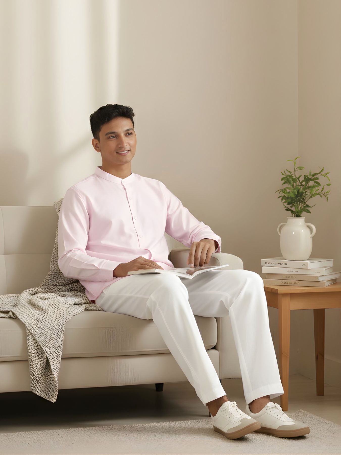 Men Blush Pink Linen Blend Mandarin Collar Shirt & White Cotton Pant Set