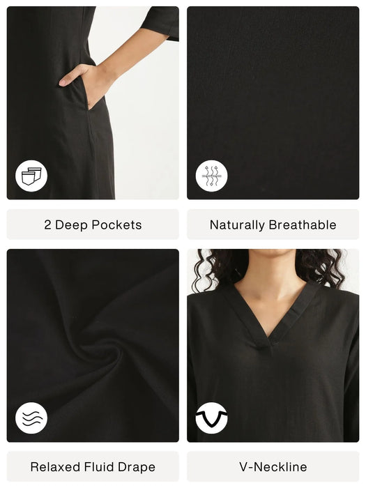 Women Black Flowy Linen A-Line Long Kurta