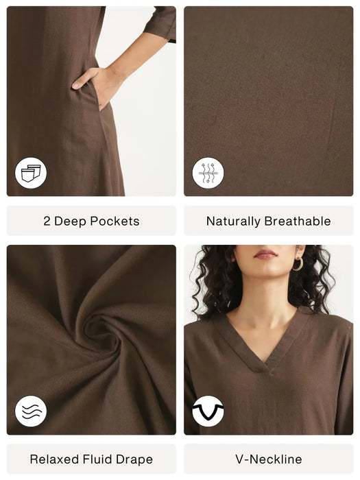 Women Dark Brown Flowy Linen A-Line Long Kurta