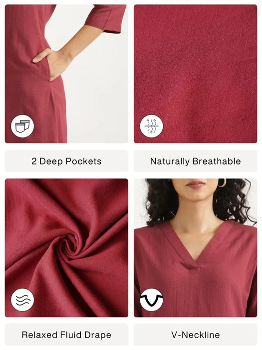 Women Maroon Flowy Linen A-Line Long Kurta
