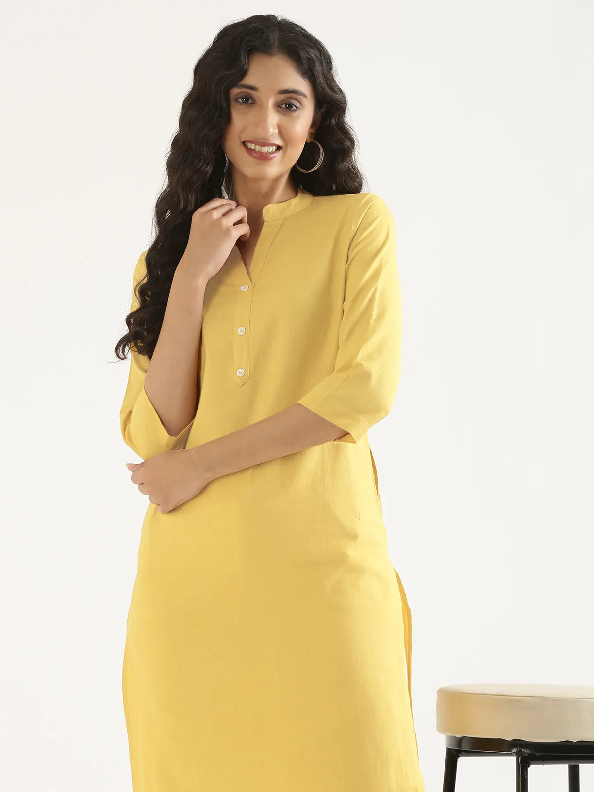 Pick Any 3 Women Airy Linen Long Kurta - Lemon Yellow