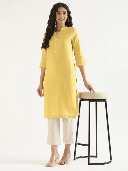 Women Lemon Yellow Airy Linen Long Kurta