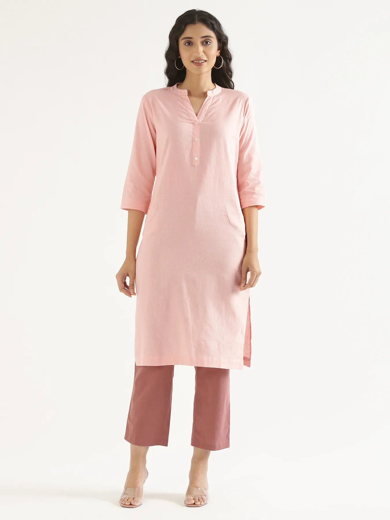 Women Salmon Pink Airy Linen Long Kurta