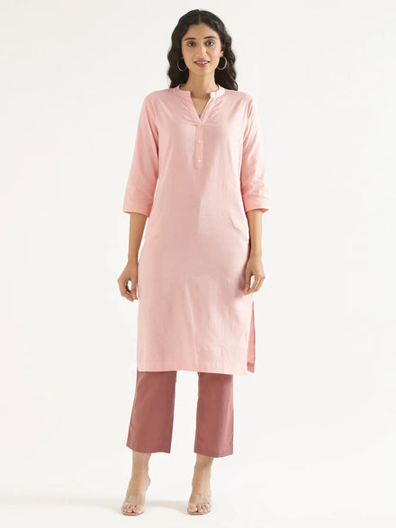 Women Salmon Pink Airy Linen Long Kurta