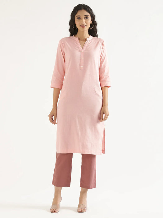Women Salmon Pink Airy Linen Long Kurta