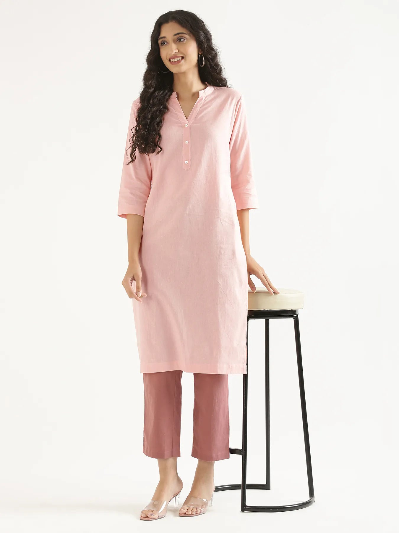 Women Salmon Pink Airy Linen Long Kurta