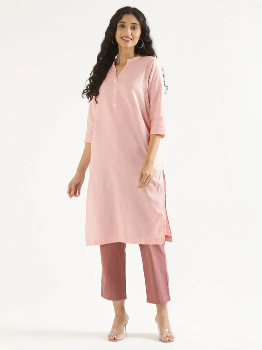Women Salmon Pink Airy Linen Long Kurta