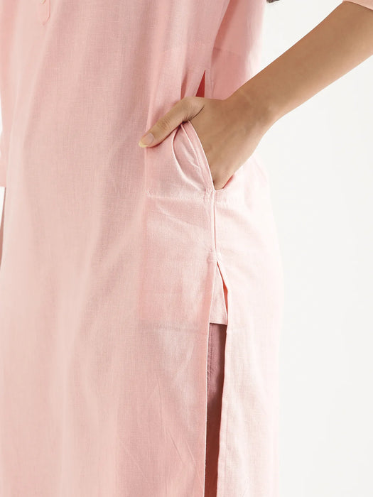 Women Salmon Pink Airy Linen Long Kurta