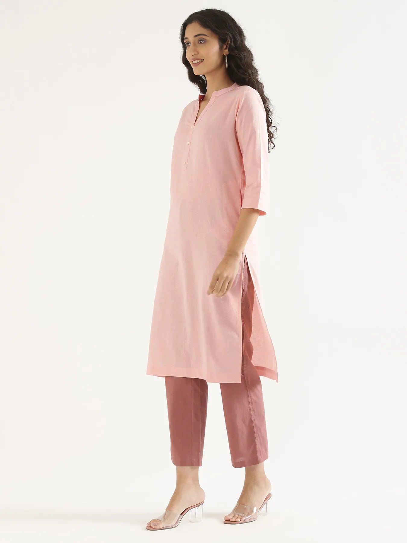 Women Salmon Pink Airy Linen Long Kurta