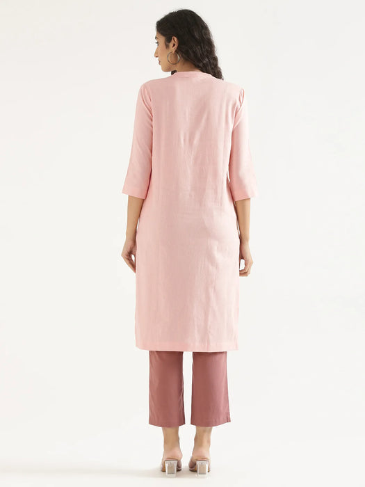 Women Salmon Pink Airy Linen Long Kurta
