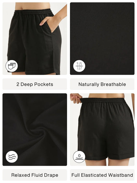 Women Black Flowy Linen Shorts