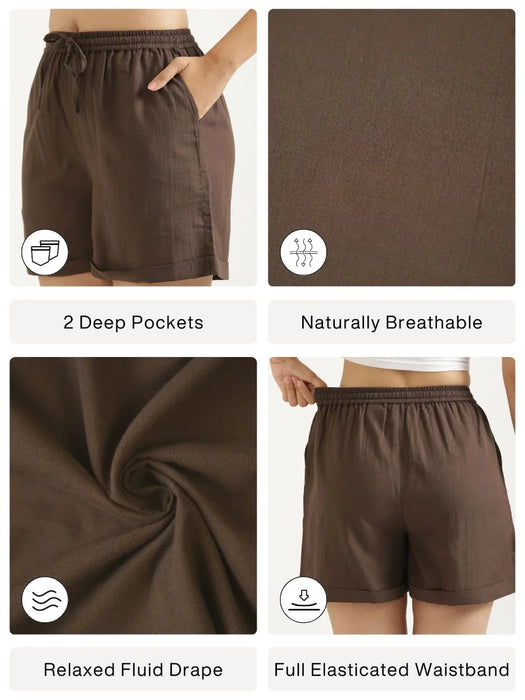 Women Dark Brown Flowy Linen Shorts