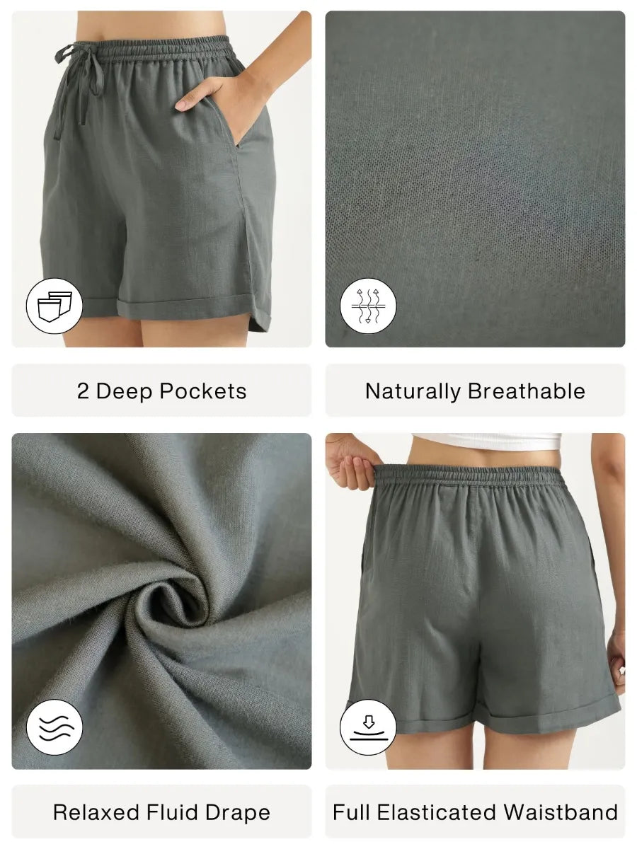 Women German Grey Flowy Linen Shorts