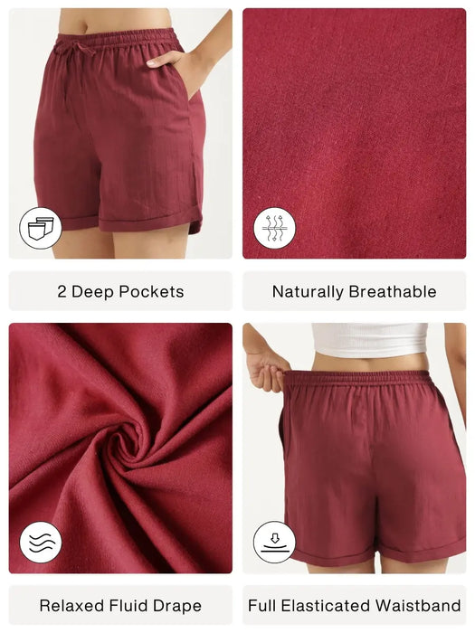 Women Maroon Flowy Linen Shorts
