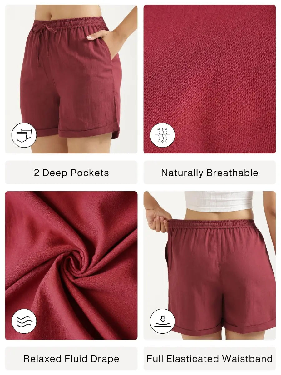 Women Maroon Flowy Linen Shorts