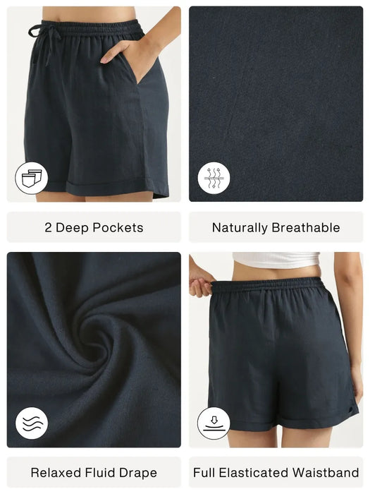 Women Navy Blue Flowy Linen Shorts