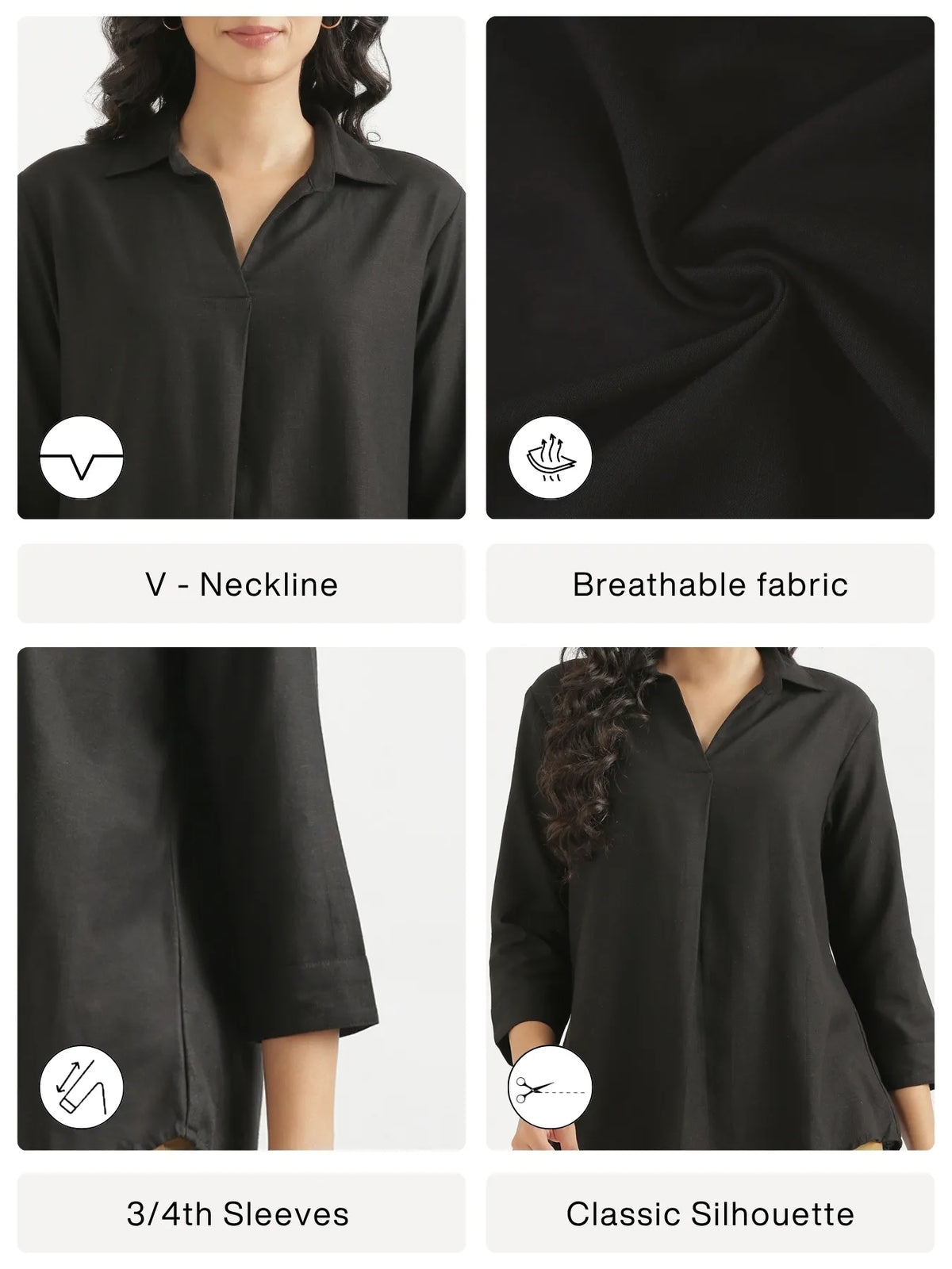 Women Black Flowy Linen Pleated Kurta