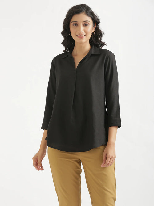 Women Black Flowy Linen Pleated Kurta