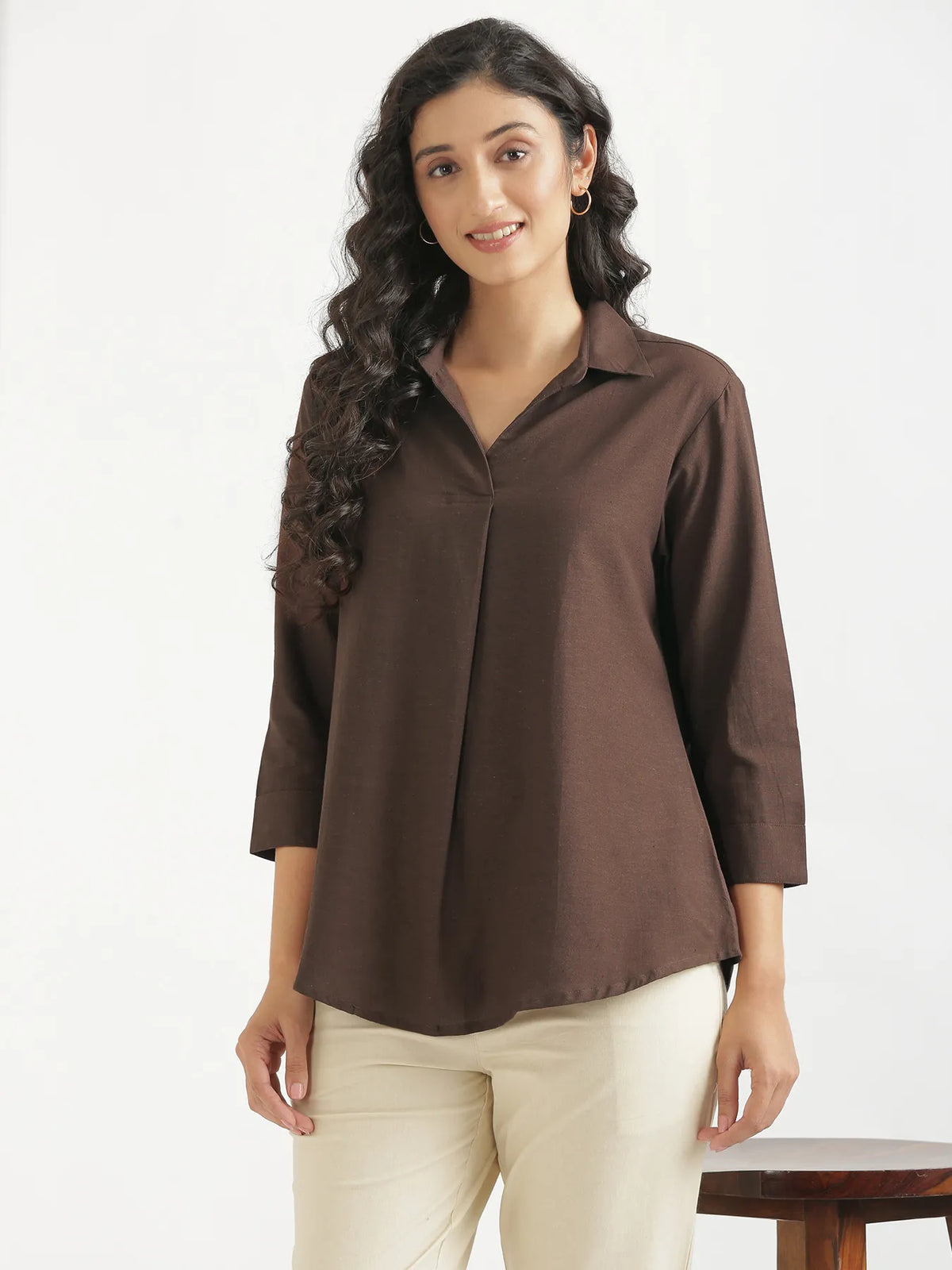 Women Dark Brown Flowy Linen Pleated Kurta