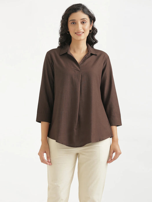 Women Dark Brown Flowy Linen Pleated Kurta
