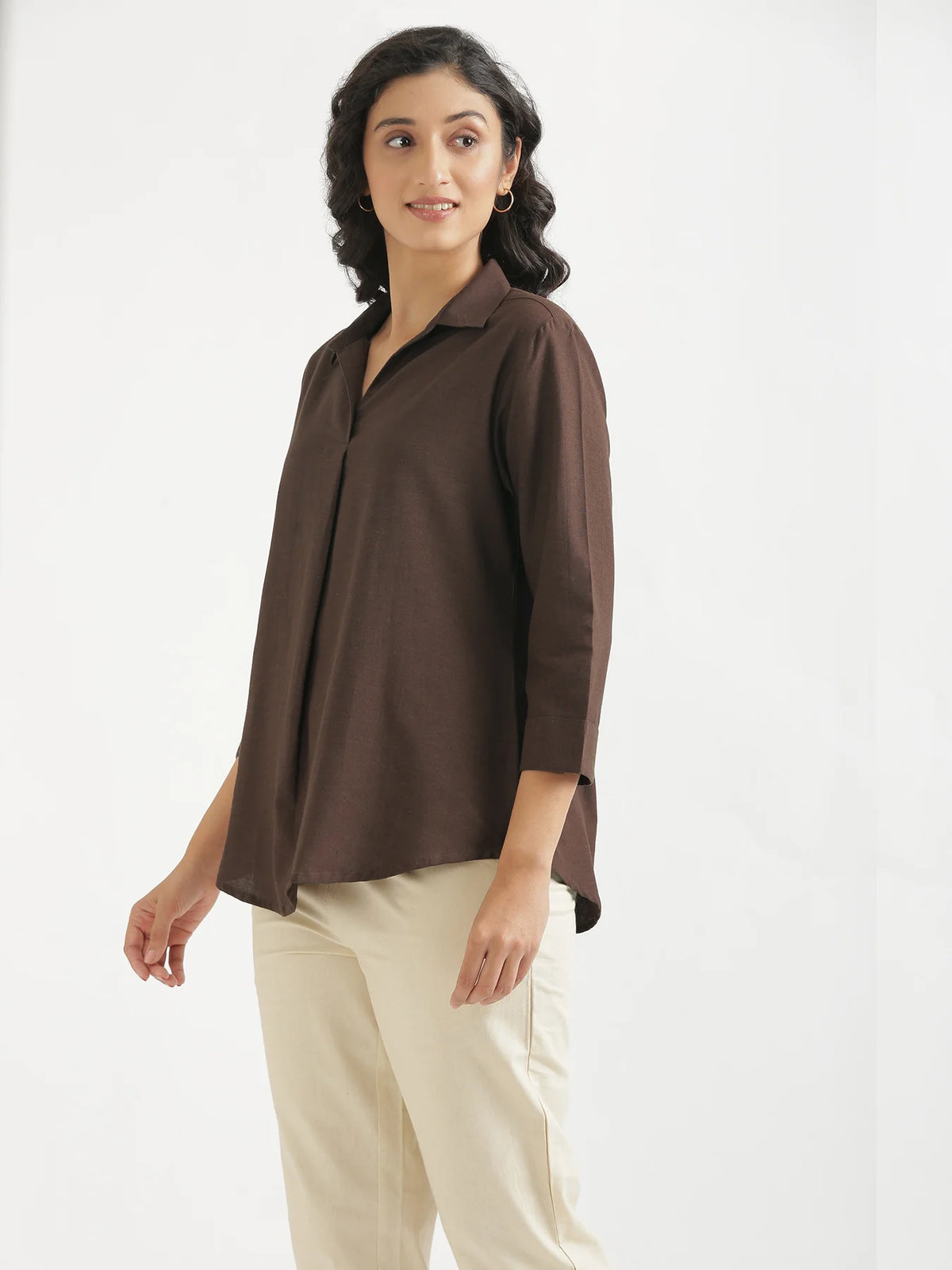 Women Dark Brown Flowy Linen Pleated Kurta