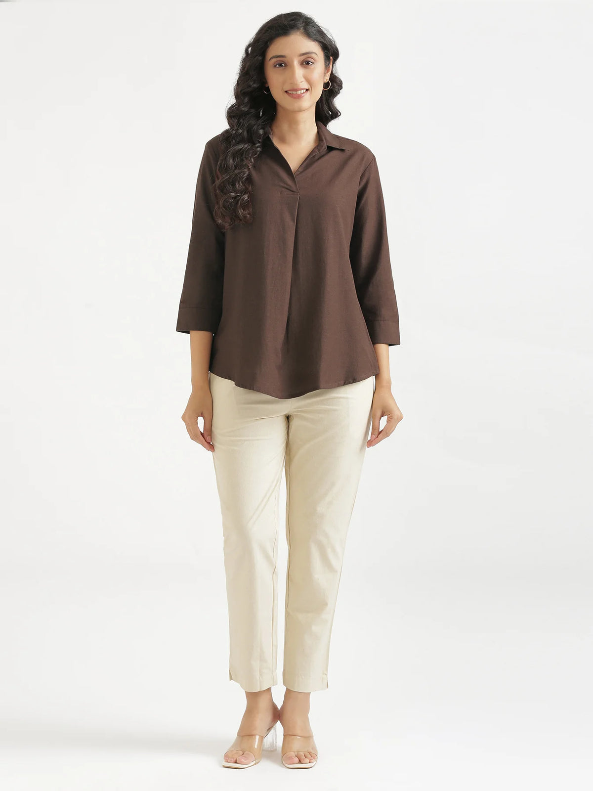 Women Dark Brown Flowy Linen Pleated Kurta