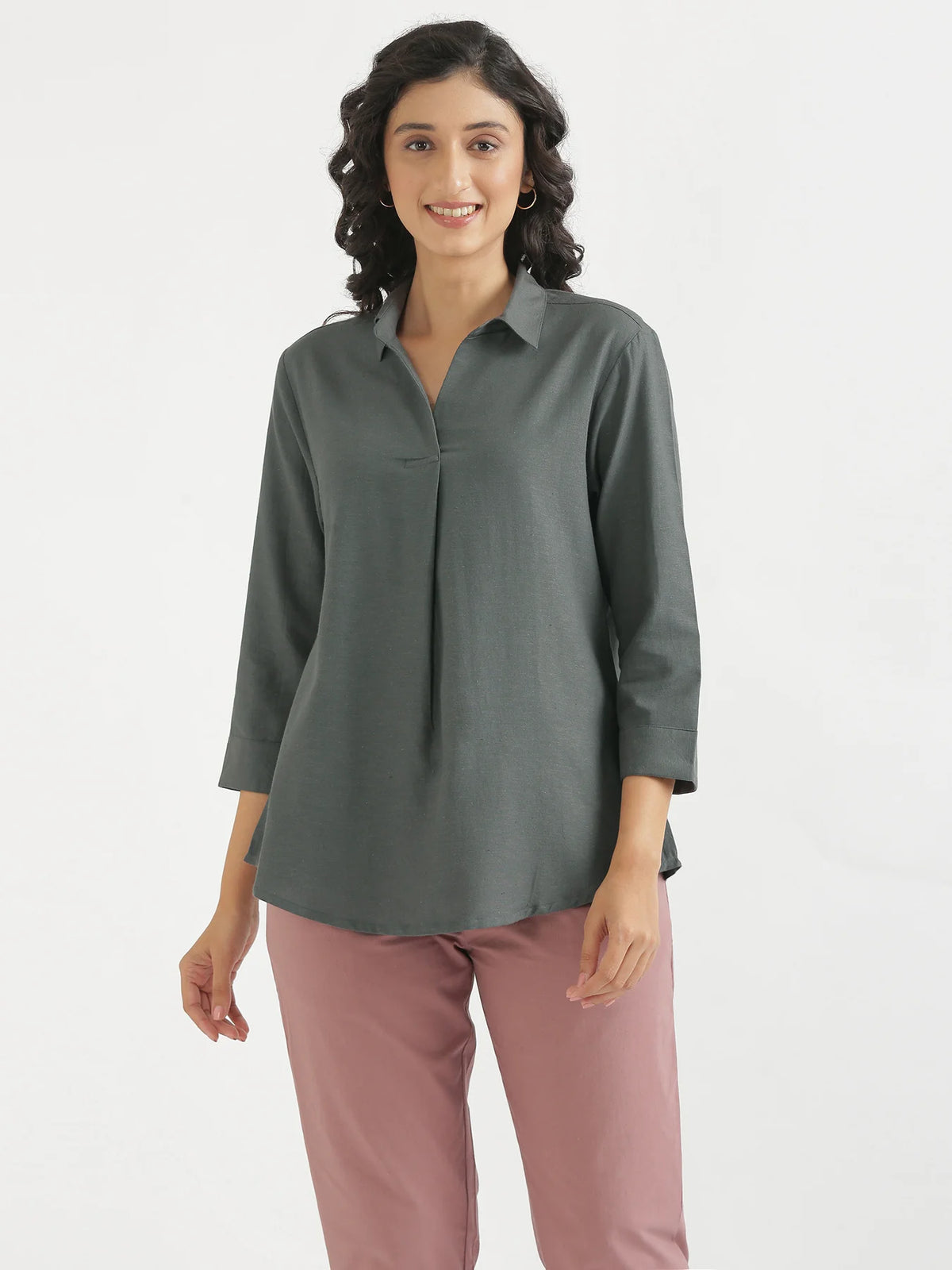 Women German Grey Flowy Linen Pleated Kurta