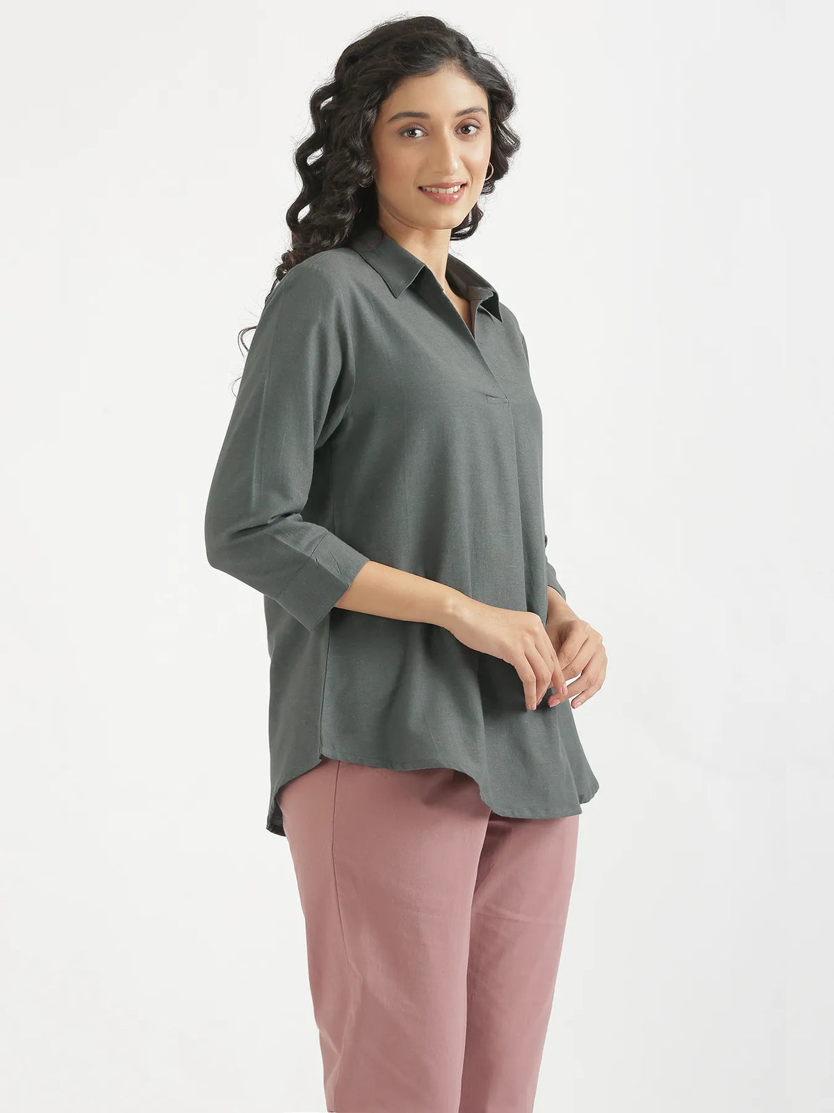 Women German Grey Flowy Linen Pleated Kurta