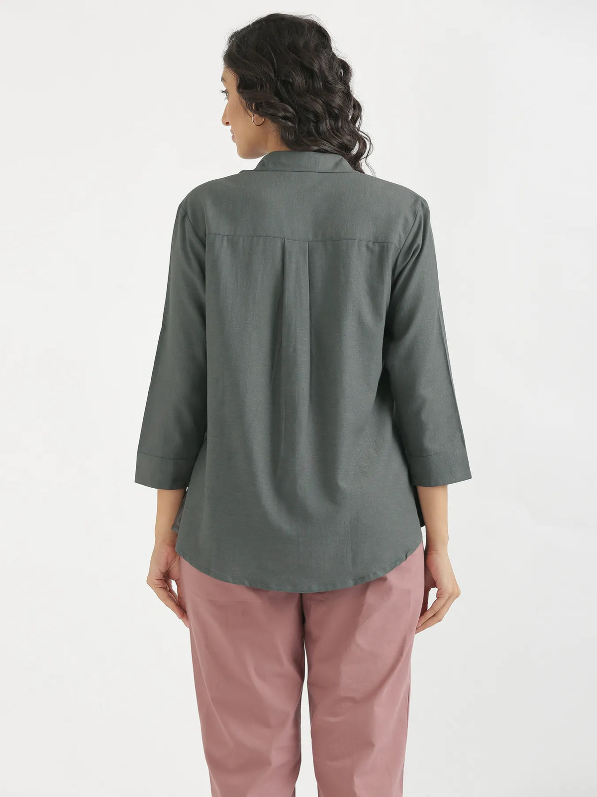 Women German Grey Flowy Linen Pleated Kurta