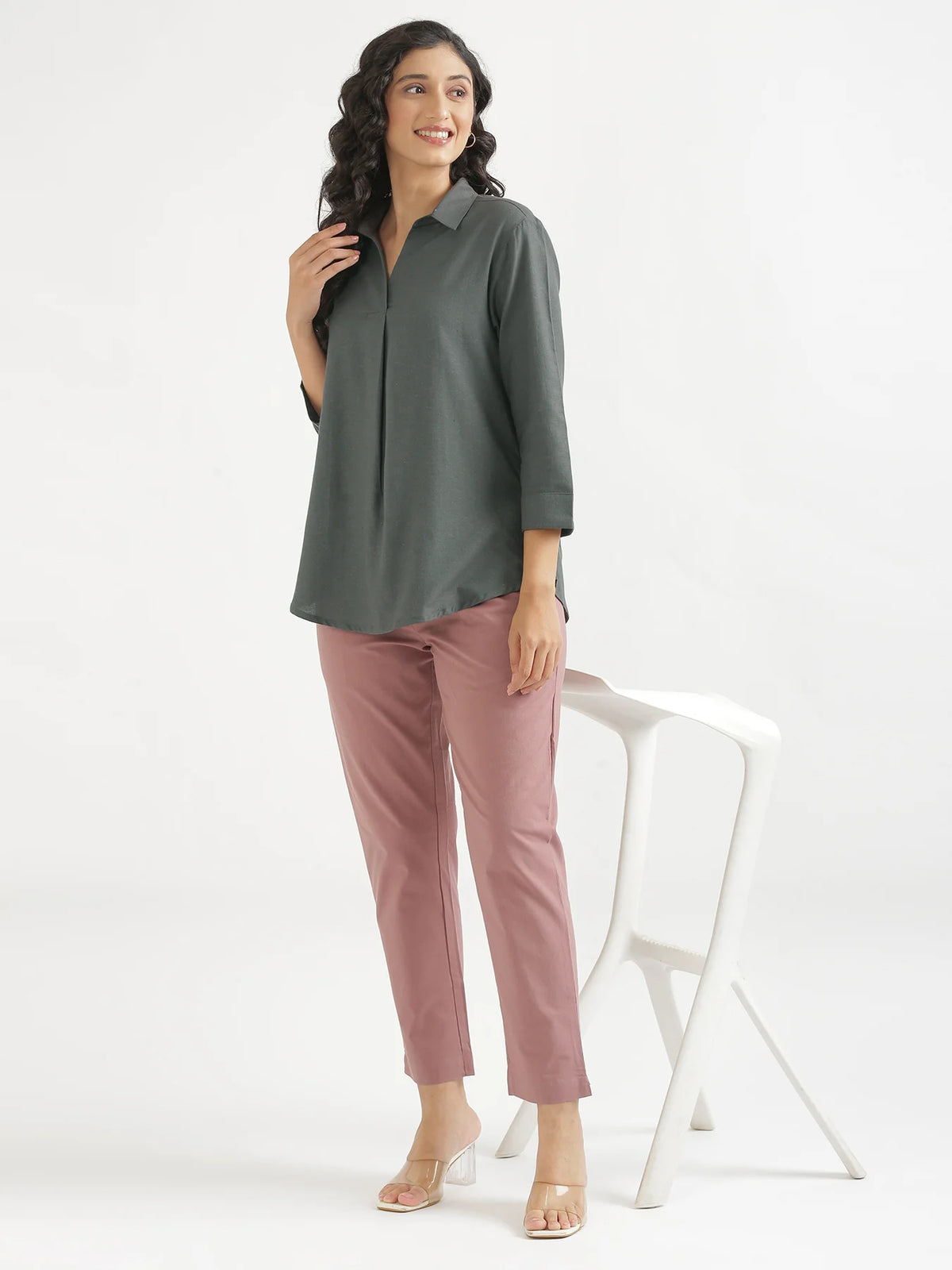 Women German Grey Flowy Linen Pleated Kurta