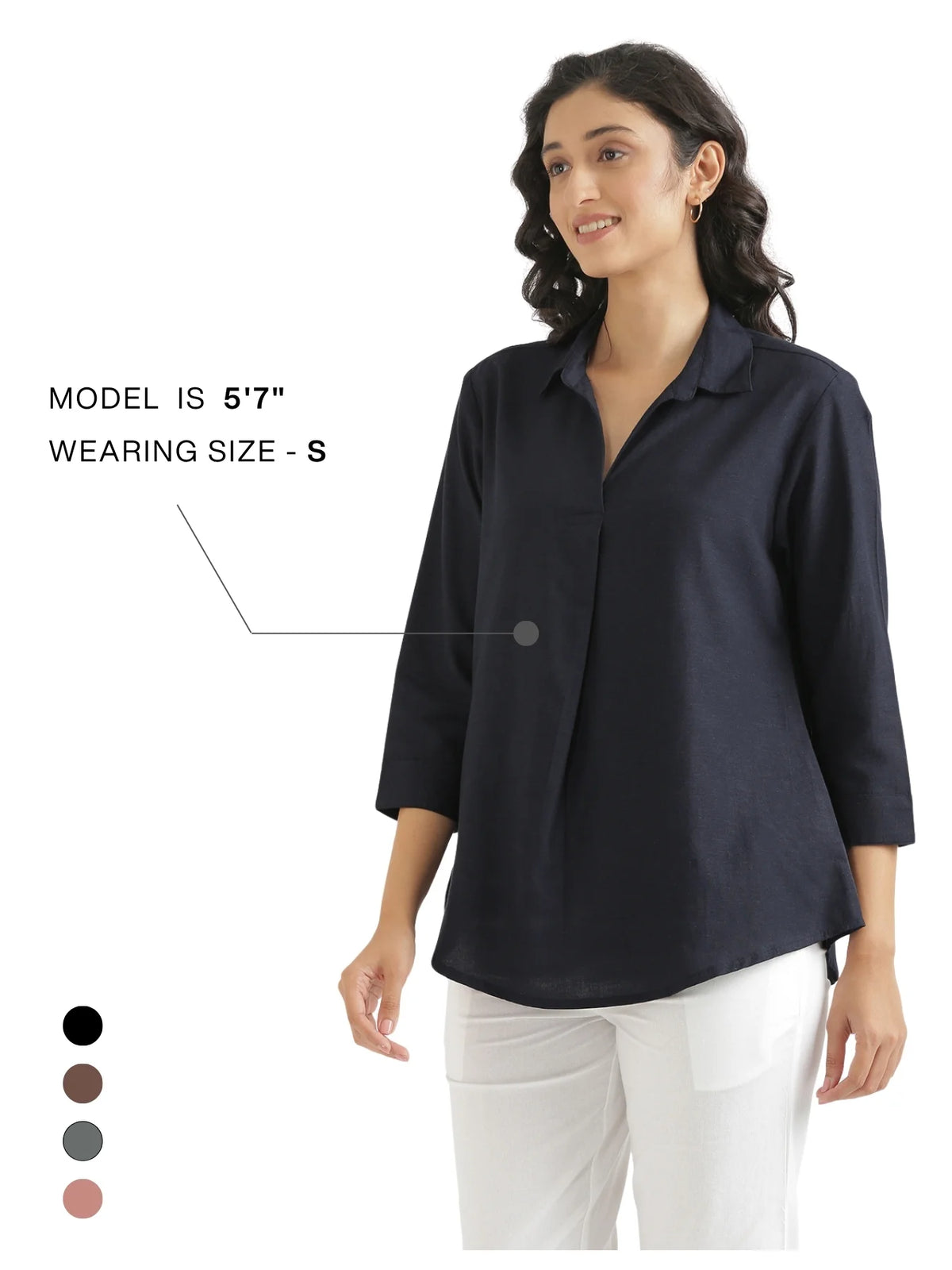 Women Navy Blue Flowy Linen Pleated Kurta