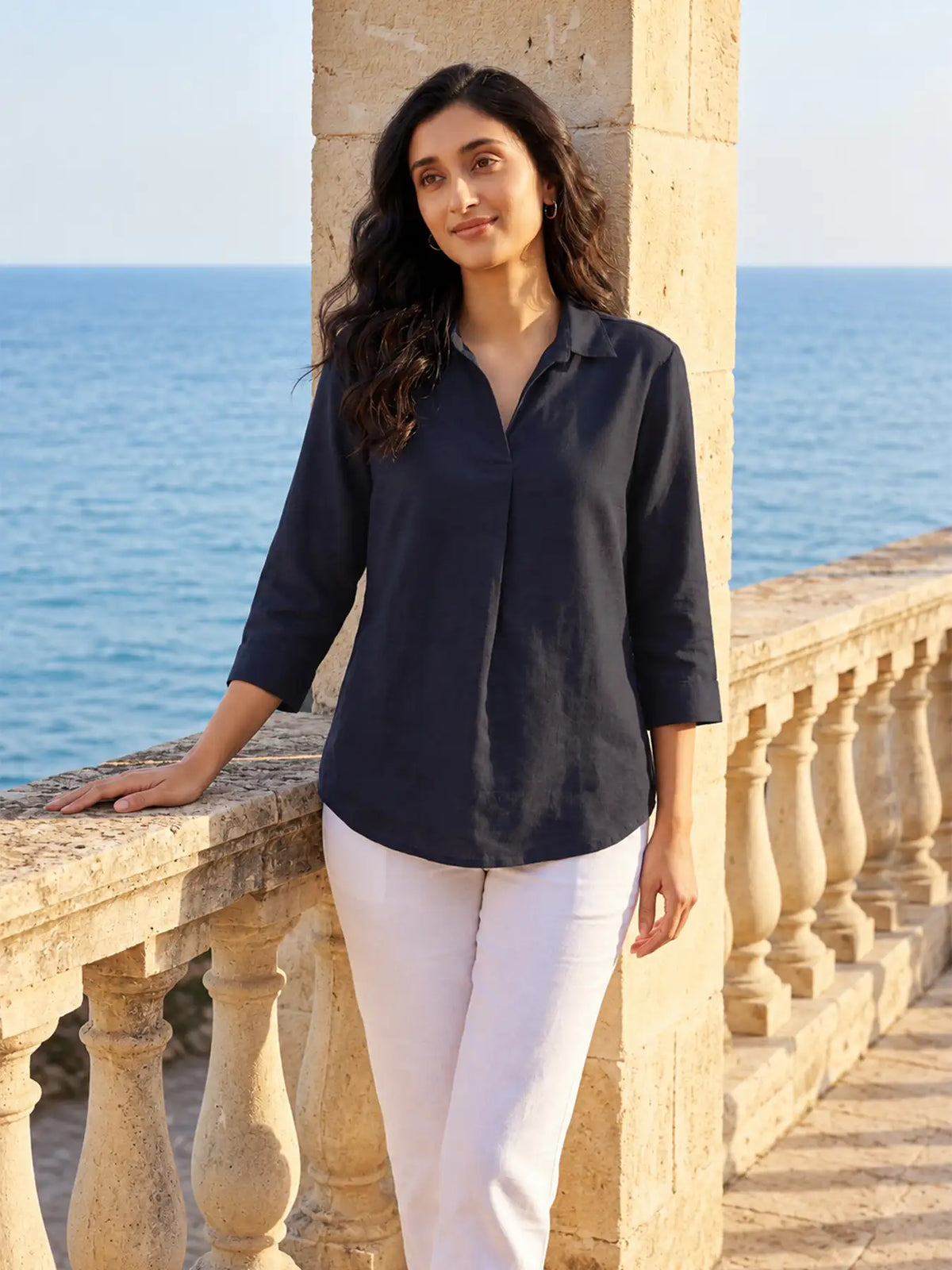 Women Navy Blue Flowy Linen Pleated Kurta