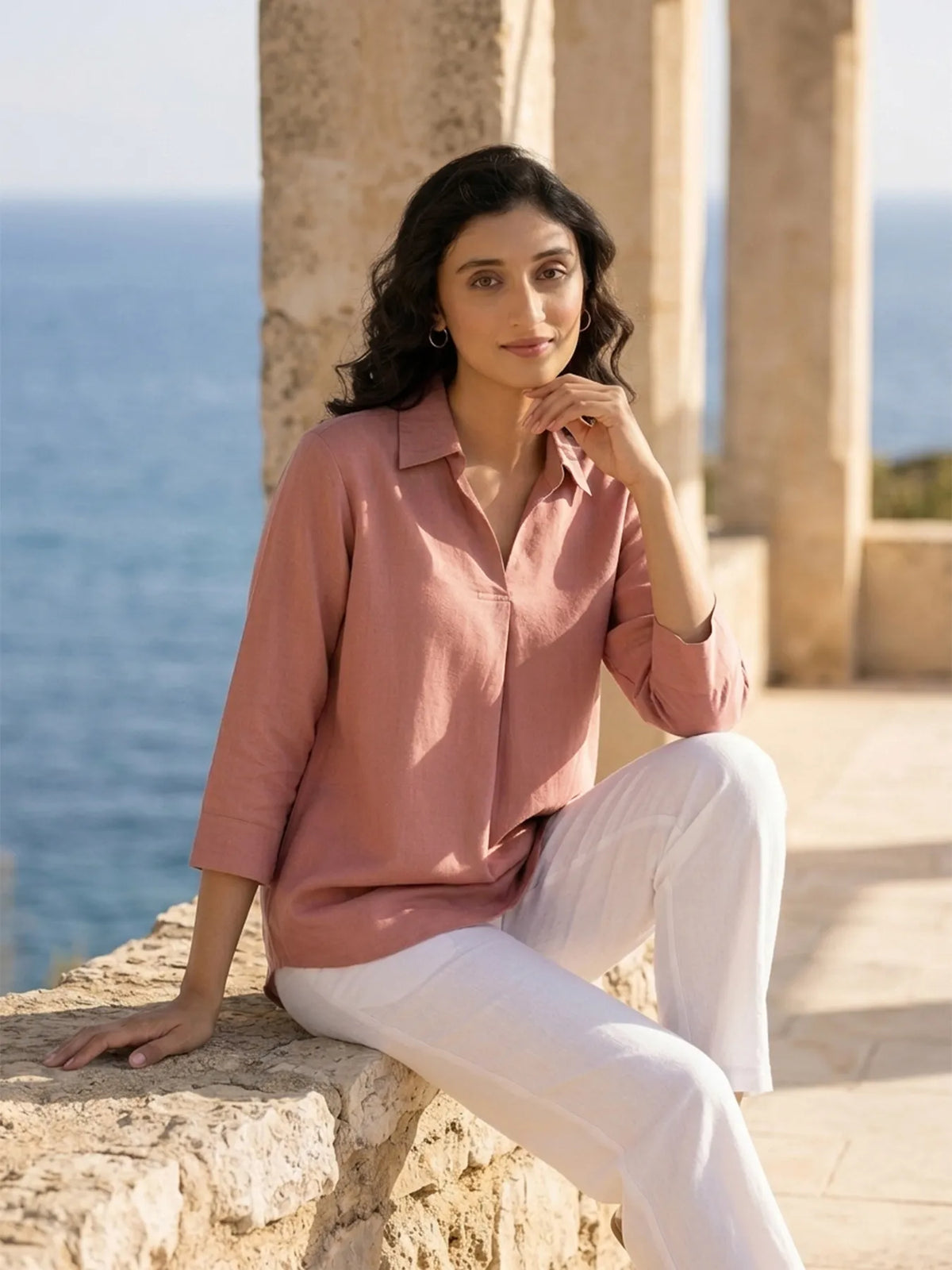 Women Rose Taupe Flowy Linen Pleated Kurta