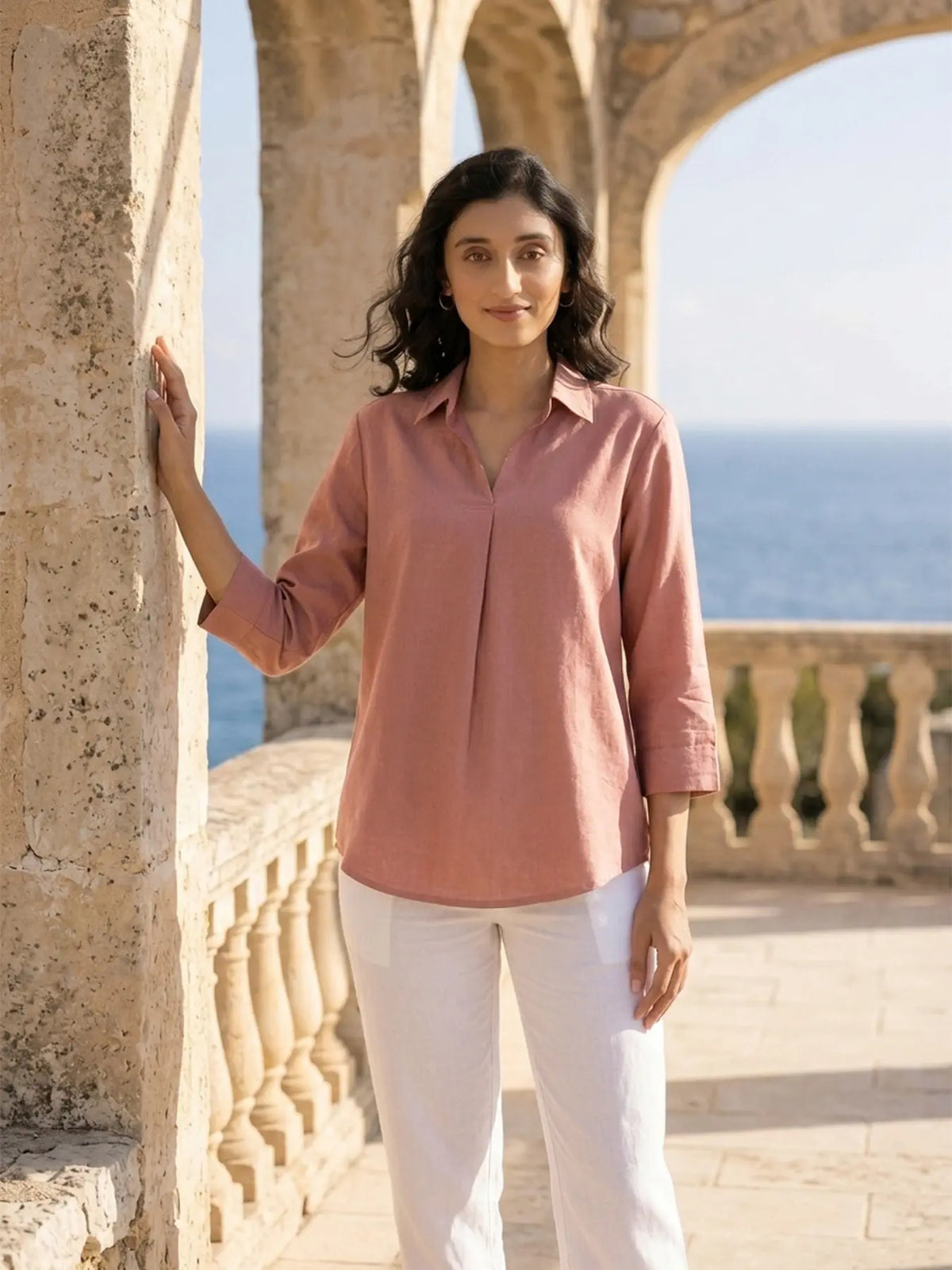 Women Rose Taupe Flowy Linen Pleated Kurta