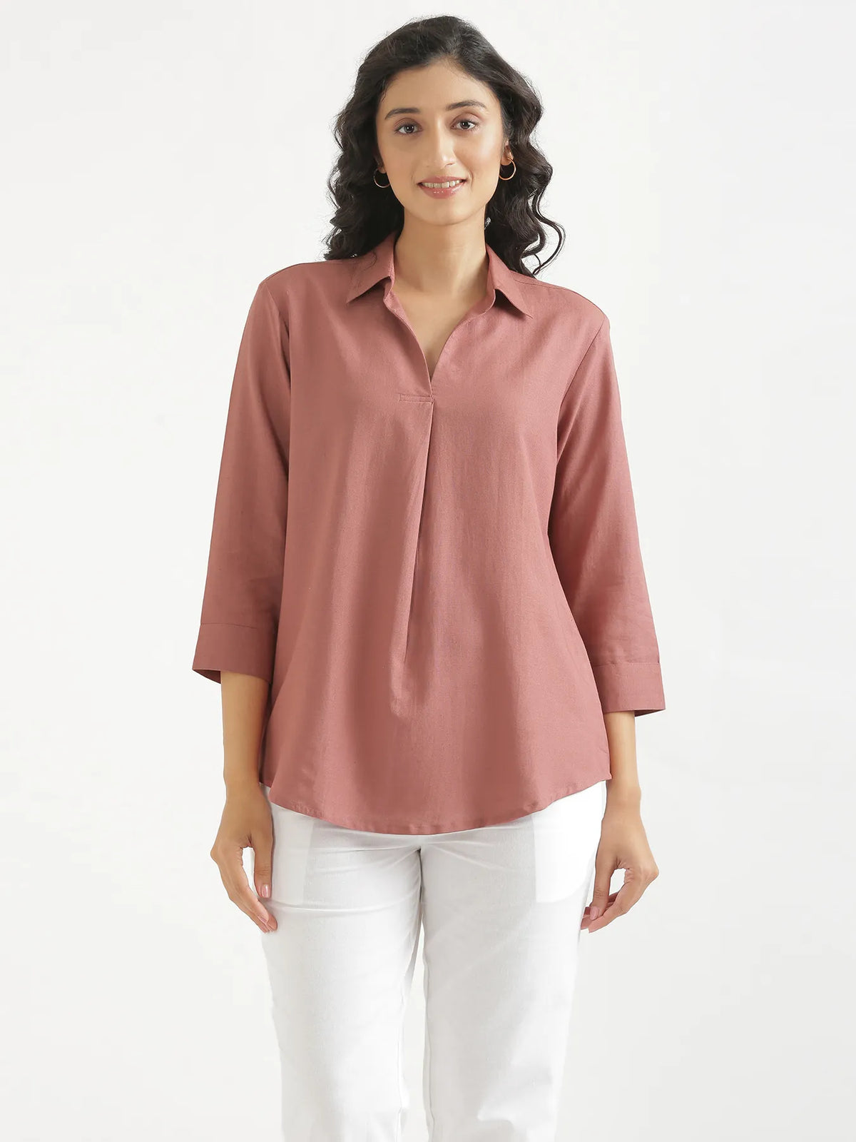 Women Rose Taupe Flowy Linen Pleated Kurta