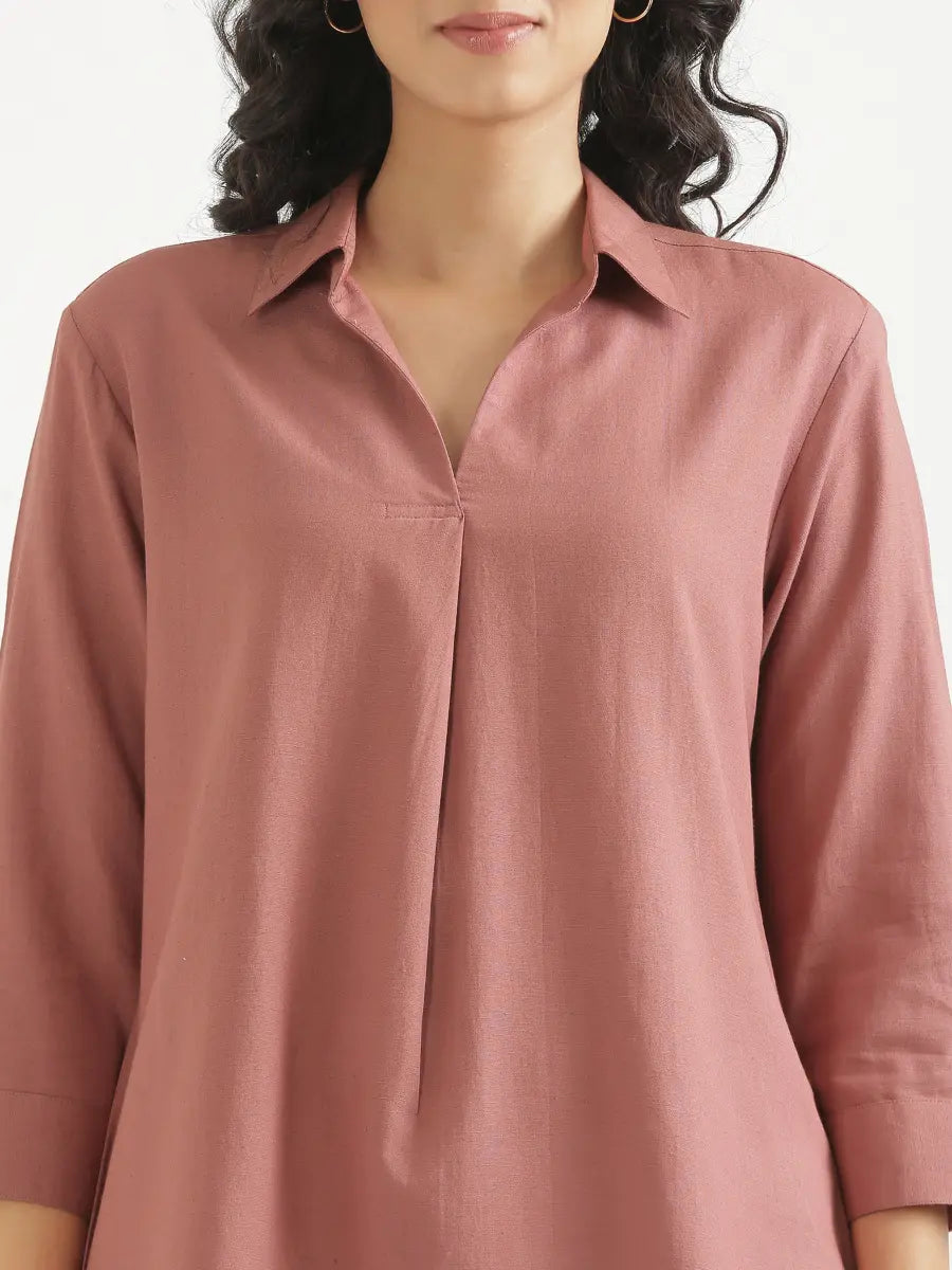Women Rose Taupe Flowy Linen Pleated Kurta
