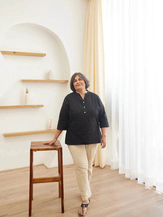 Women Plus Size Black Airy Linen Short Kurta