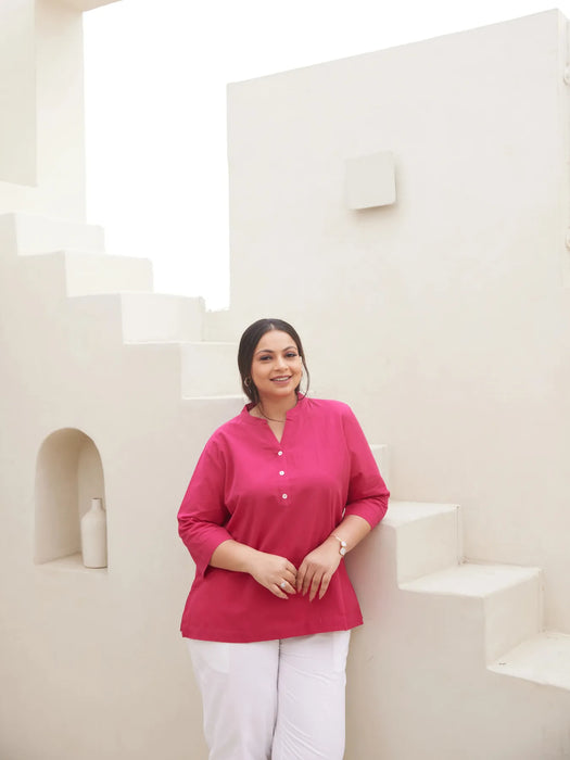 Women Plus Size Hot Pink Airy Linen Short Kurta